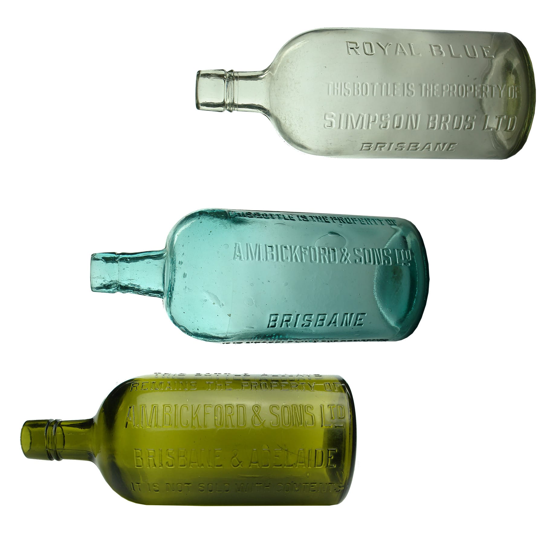 Three Household Bottles. Simpson Bros Ltd, Royal Blue; 2 x different A. M. Bickford & Sons Ltd. Brisbane & Adelaide. (Queensland & South Australia)