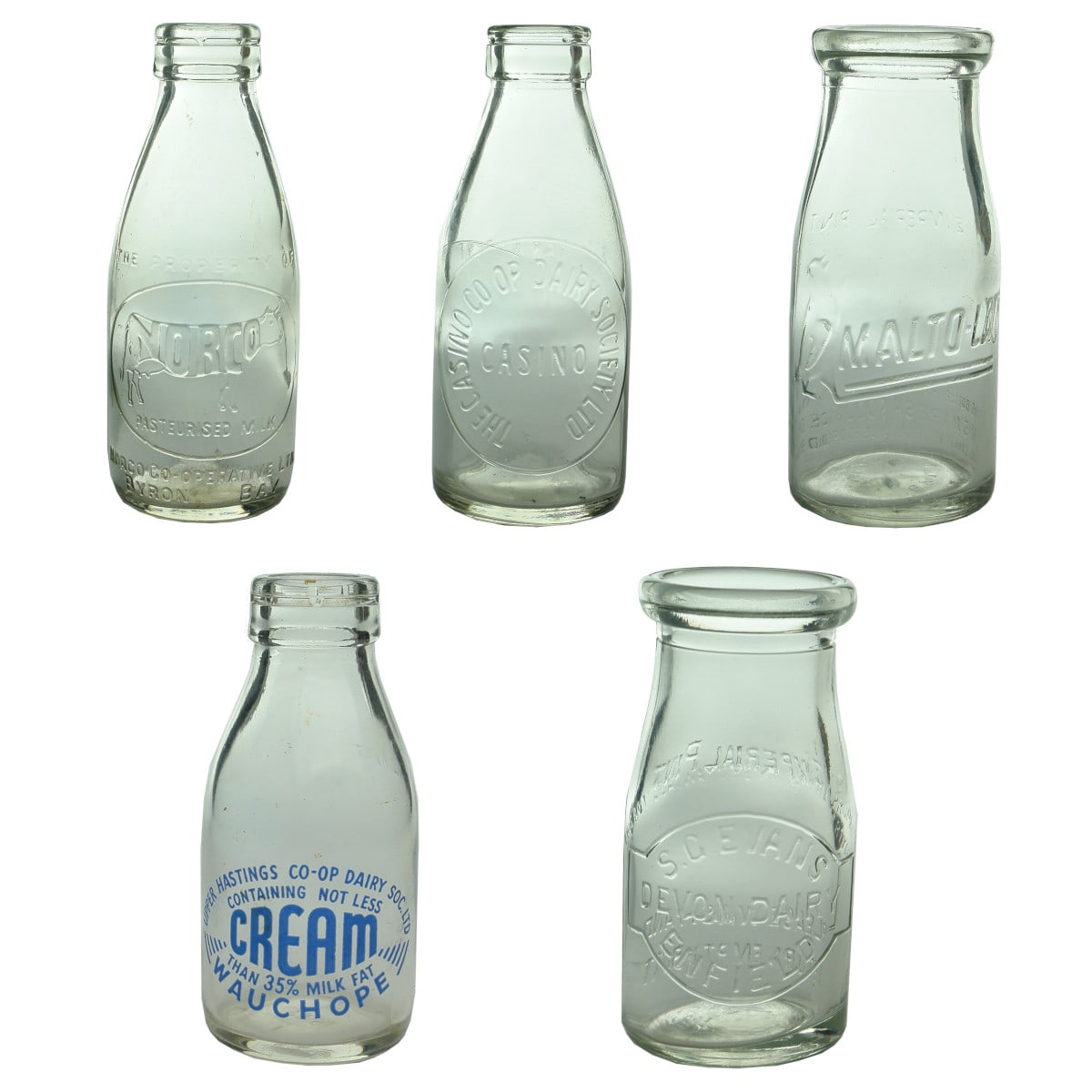 5 Milk & Cream bottles: Norco 1/2 Pint; Casino Dairy 1/2 Pint; Malto-Lac 1/2 Pint; Upper Hastings Wauchope 1/3 Pint; Evons, Enfield 1/4 Pint. (New South Wales)