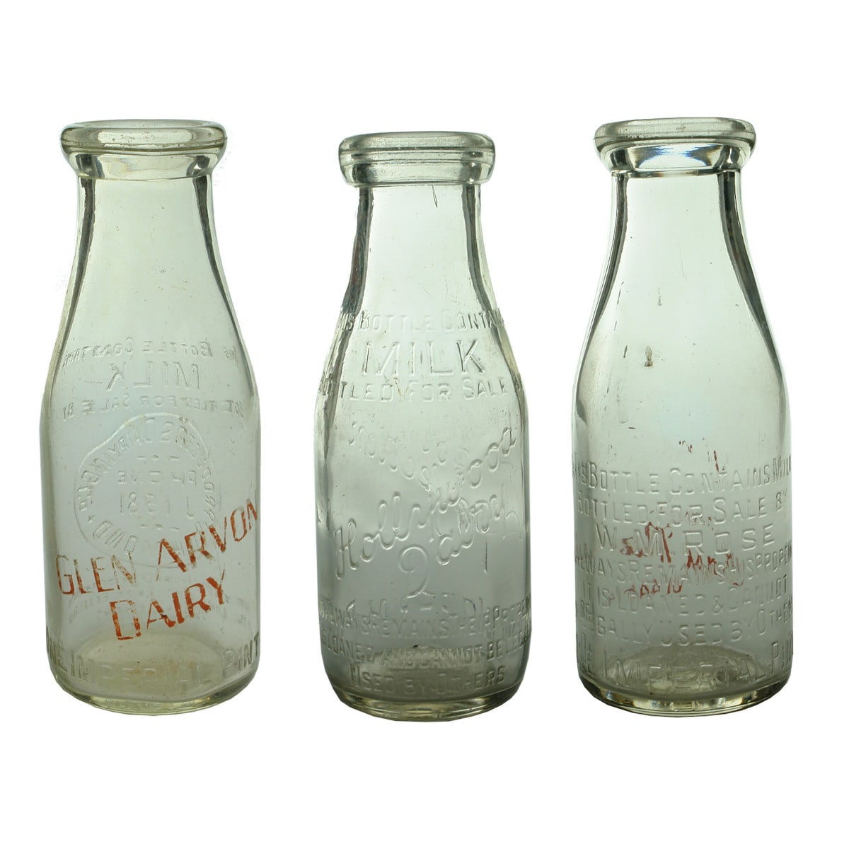 Three wide mouth Milks: Producers Dairying and Glen Arvon Dairy, Richmond; Hollywood Dairy; W. M. Rose, East Malvern. (Victoria)