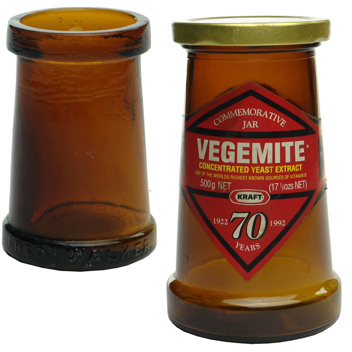Pair of Vegemite Jars: Small 1920s Fred Walker jar and Large 1992 70th Anniversary jar.