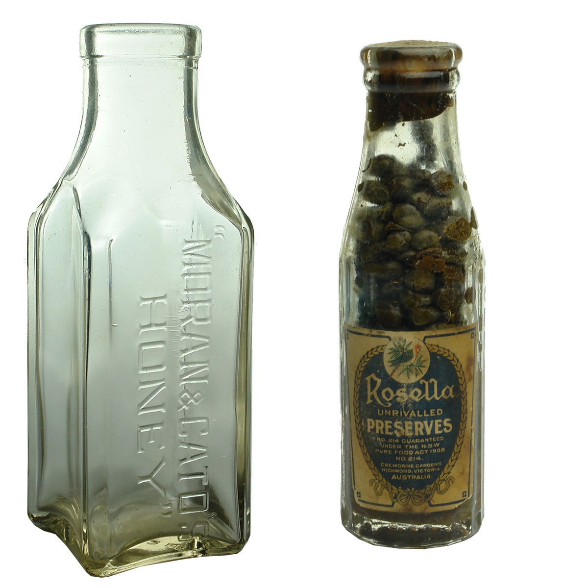 Two Jars: Moran & Cato's Honey; Rosella Preserves with original label.