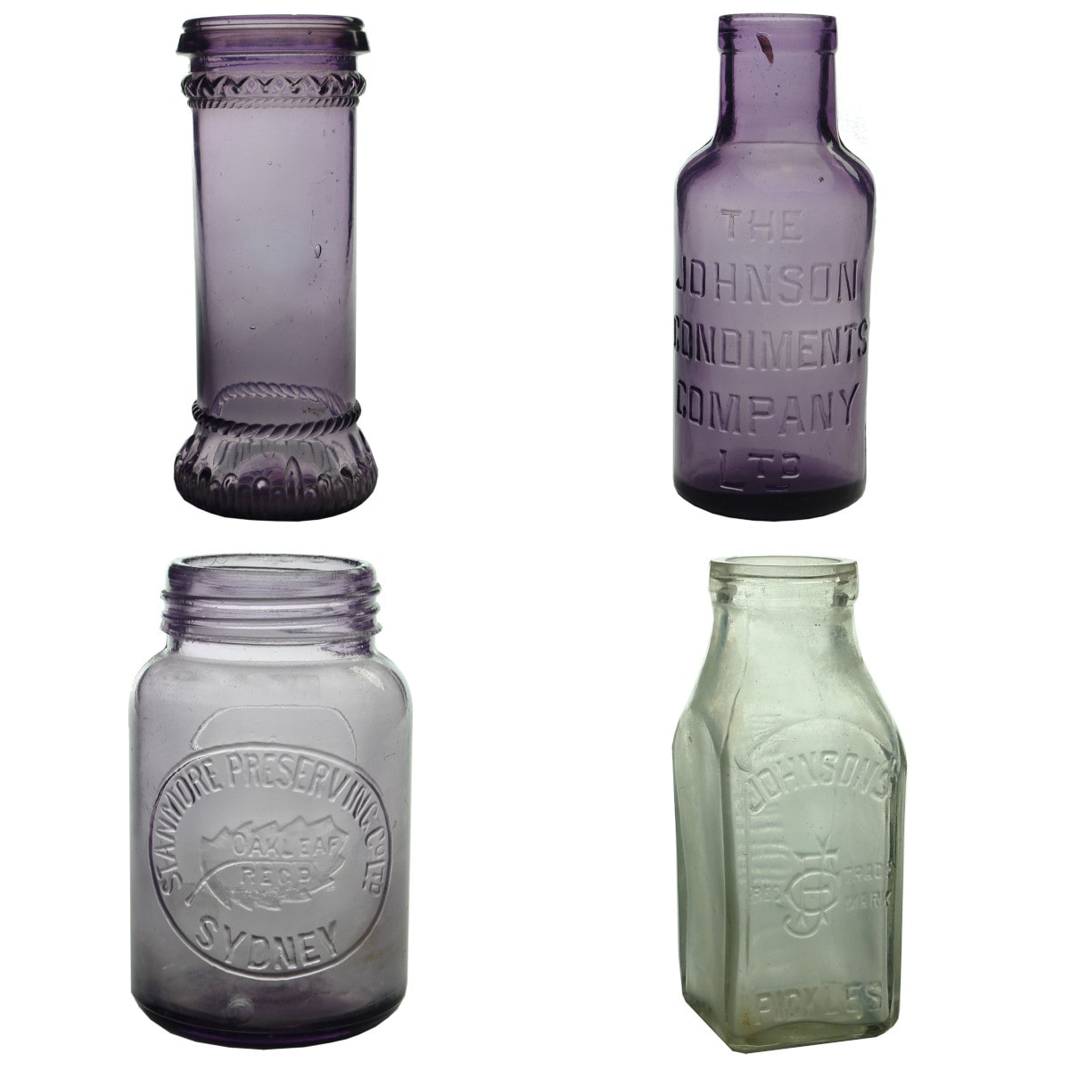 Four Preserves Jars: MM Monogram in Fowlers type; Johnson Condiments Co; Stanmore Preserving Sydney; C. F. Johnson.