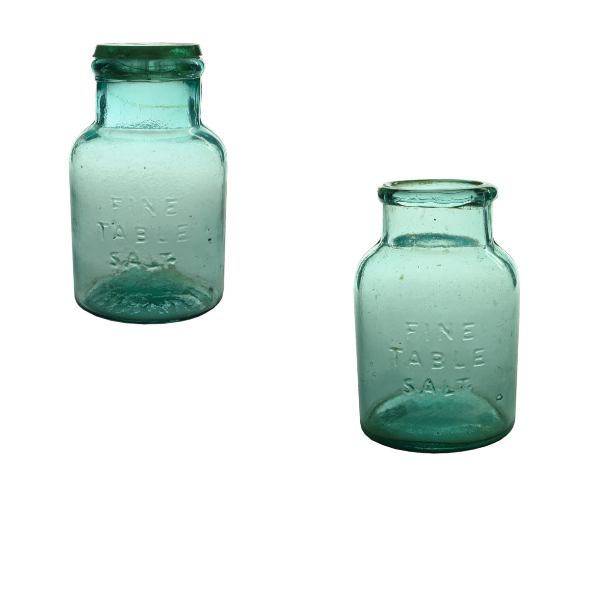 Two Salt Jars. Fine Table Salt. FBH. Altered Mould & Regular. Aqua. 2 Pound. (South Australia)