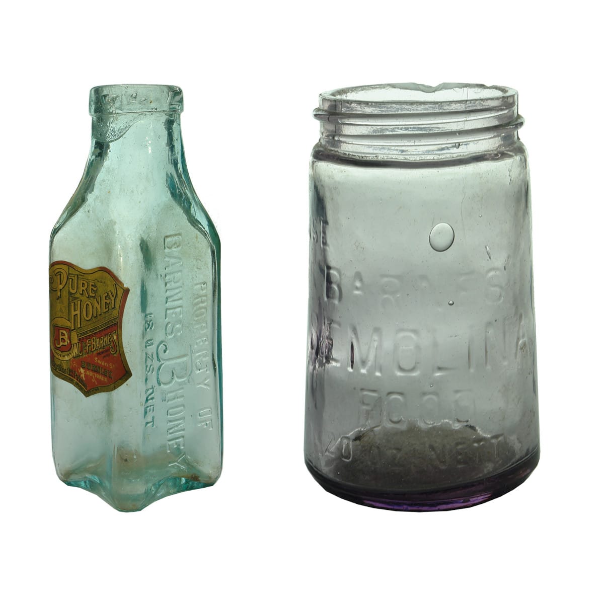 2 Honey Jars: Barnes with original label and Barnes advertising Semolina Food. (Victoria)