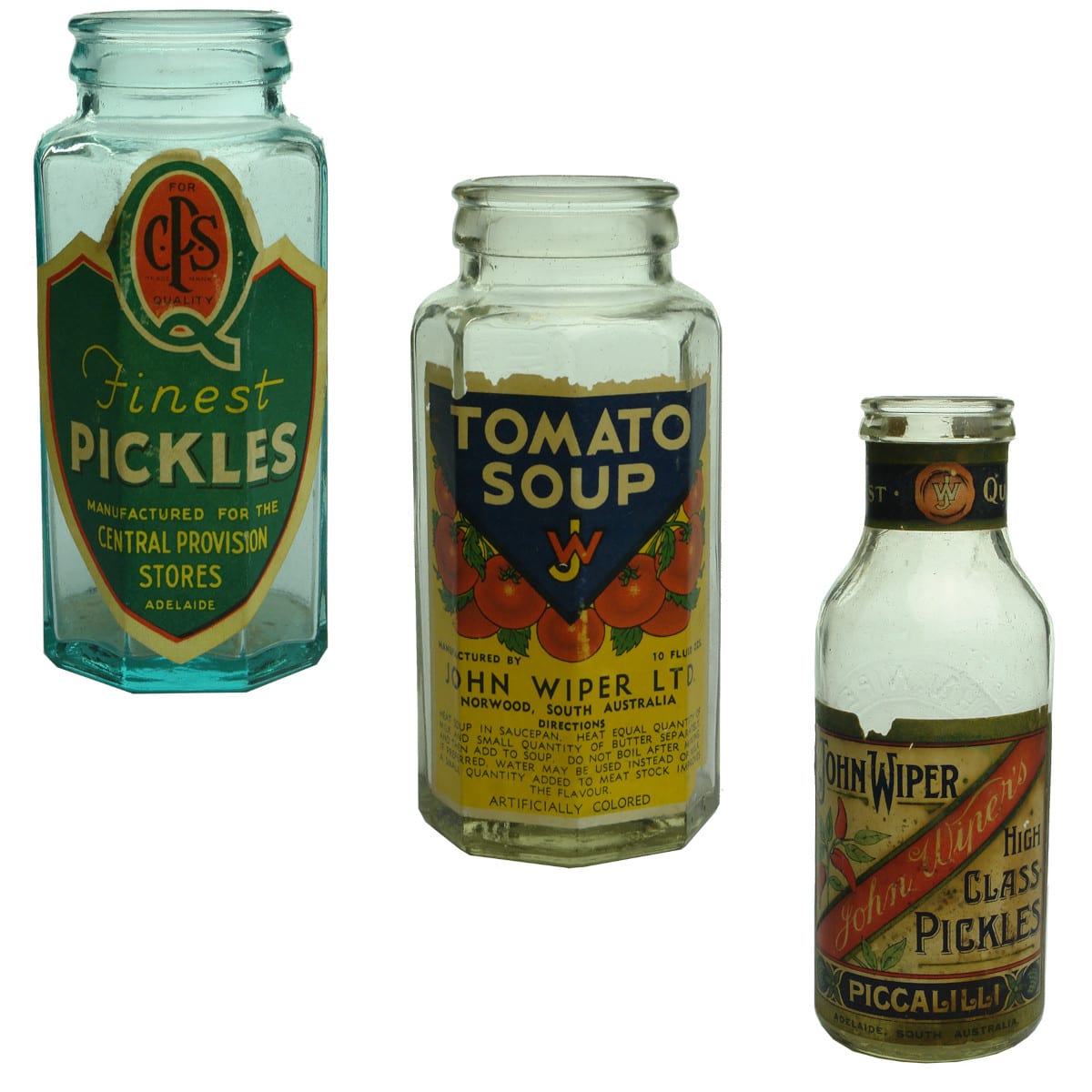 3 John Wiper Jars. Pickles and Soup labels. (South Australia)