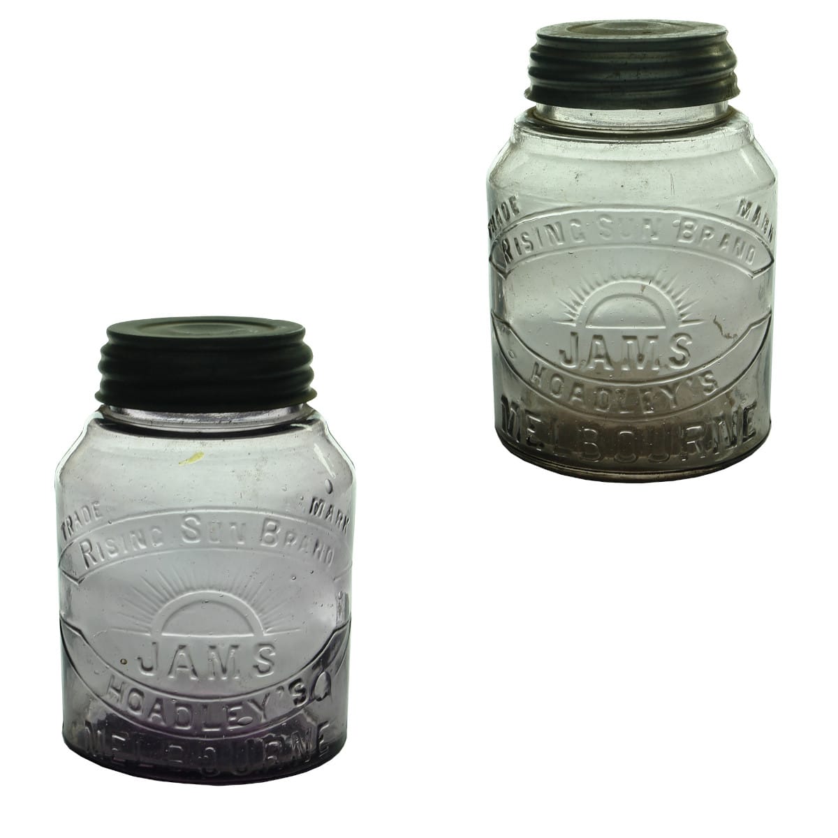 Two Jam Jars. Both: Hoadley's Rising Sun Brand, Melbourne. Screw top. Clear & Amethyst. 2 Pound. (Victoria)
