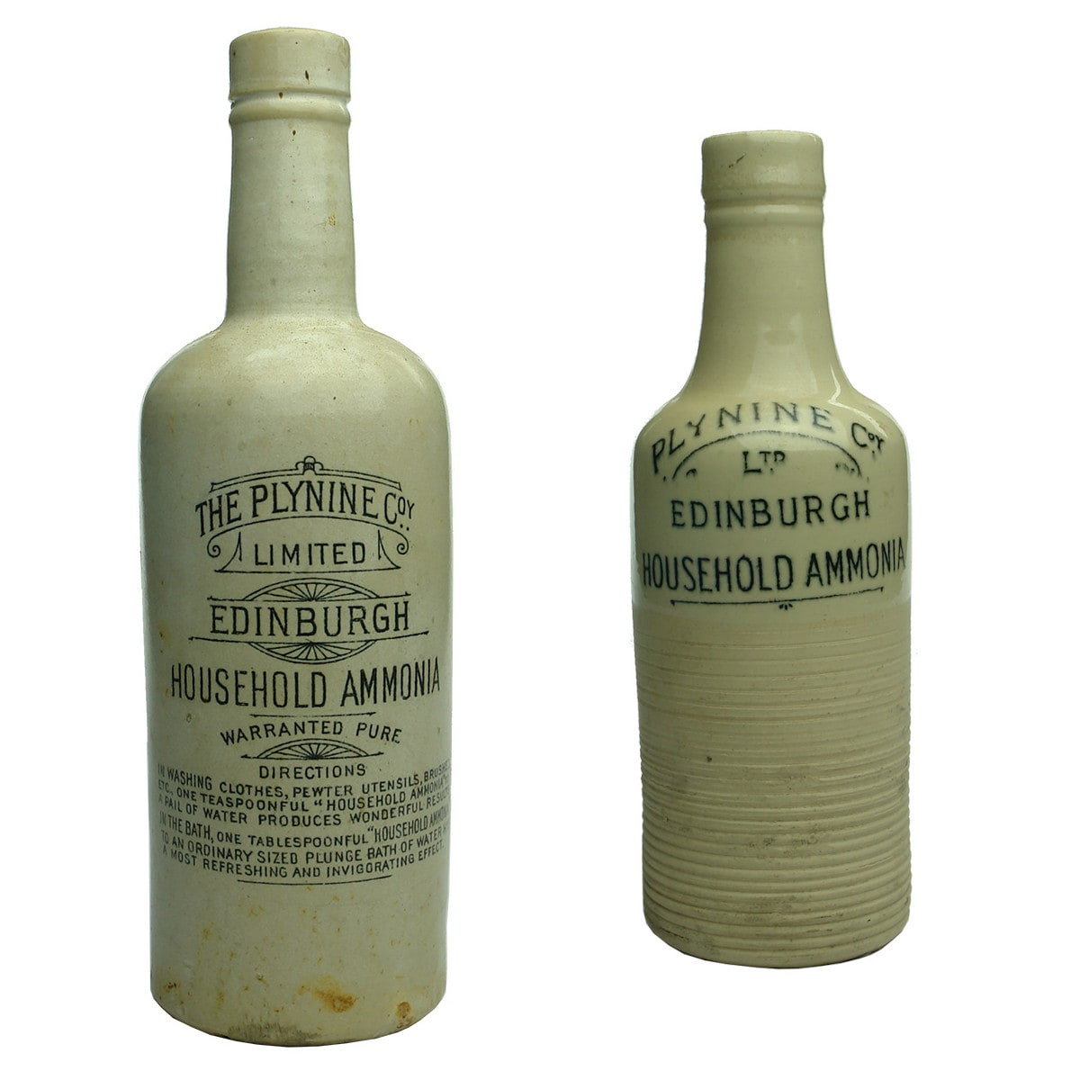 2 Ammonia Bottles. The Plynine Coy Limited, Edinburgh. All white. 26 & 13 oz. (Scotland)