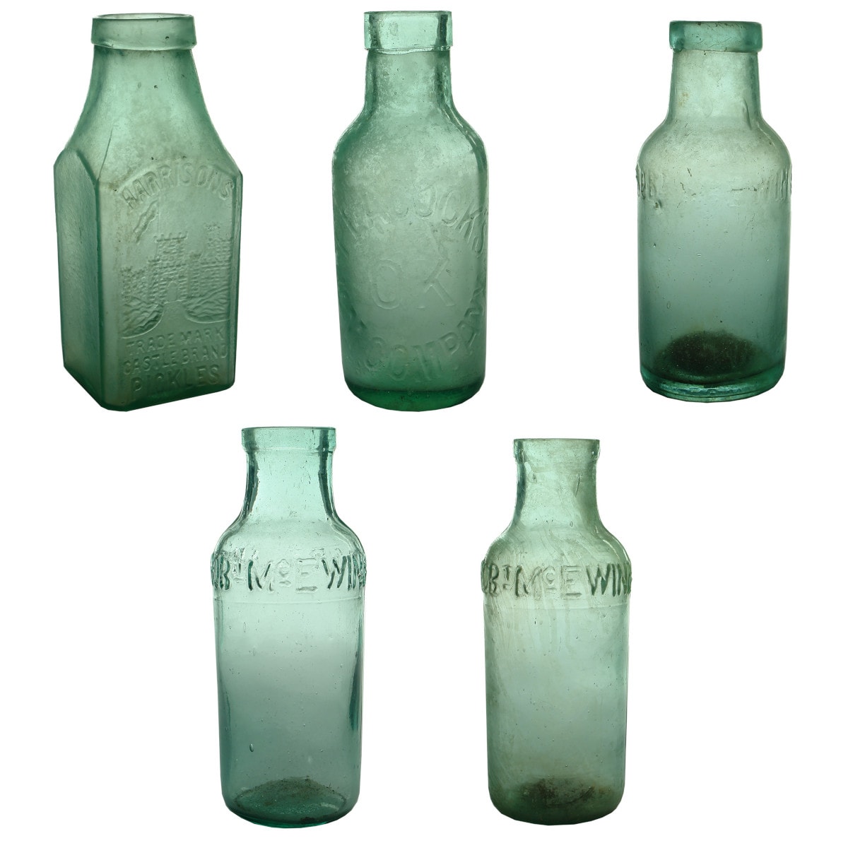 Five Pickle Bottles: Harrison's Castle Brand; OK Jam Company; 3 x Robt McEwin, Adelaide.