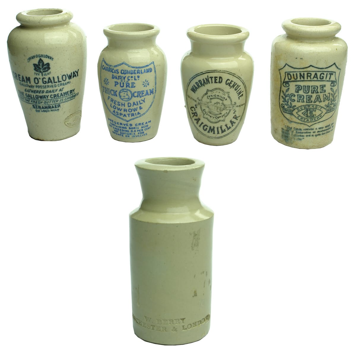 5 Items. Stove Black & 4 Cream Pots. W. Berry, Manchester & London; Cream O'Galloway, Stranraer; Carrick's Cumberland Dairy Co Ld., Low Row & Aspatria; Craigmillar Creamery Company; Dunragit Pure Cream. (United Kingdom)