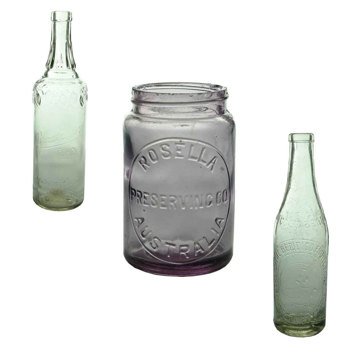 3 Household Bottles: Bradburys, Tasmania cordial; Rosella Preserving Co jar; Digger Brand Bendigo sauce.