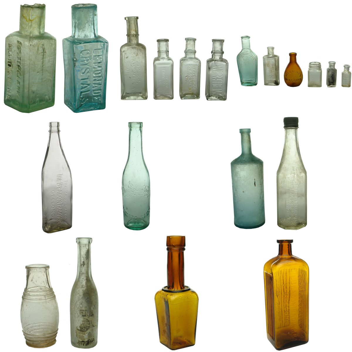 20 Bottles. Eiffel Tower; Lemonade Crystals; Beacon Kerosene & Ammonia; MacRobertsons Sauce; many small items.