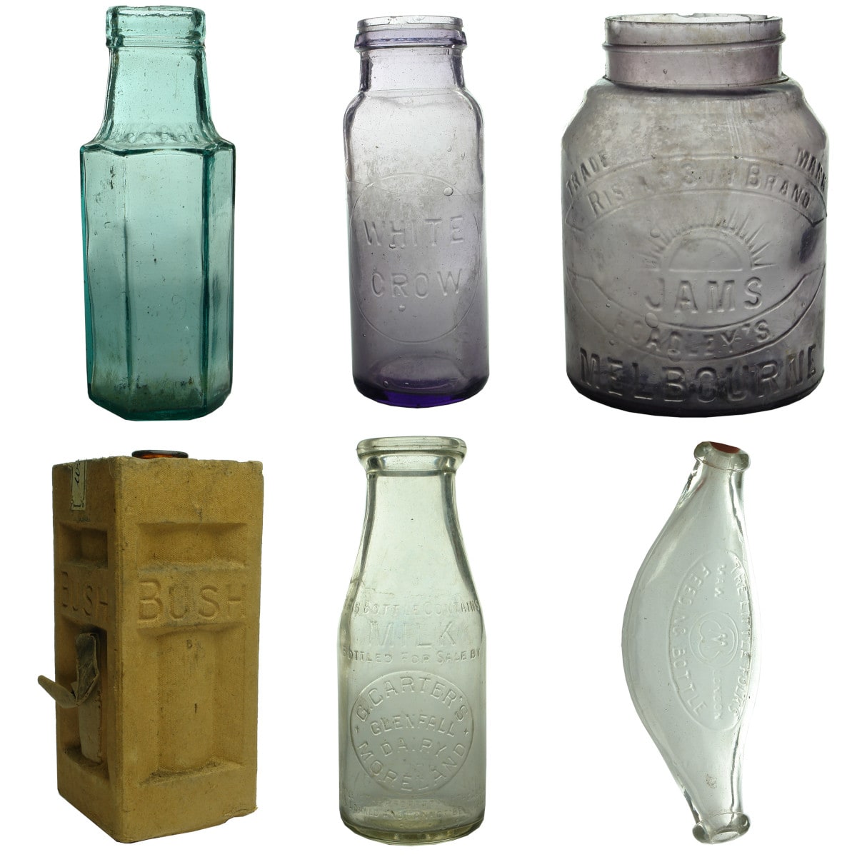 6 Household Bottles: Hexagonal Pickle; White Crow Jam; Hoadley's Jam; Bush Essence; Carter's Moreland milk; Little Folks Feeding Bottle.