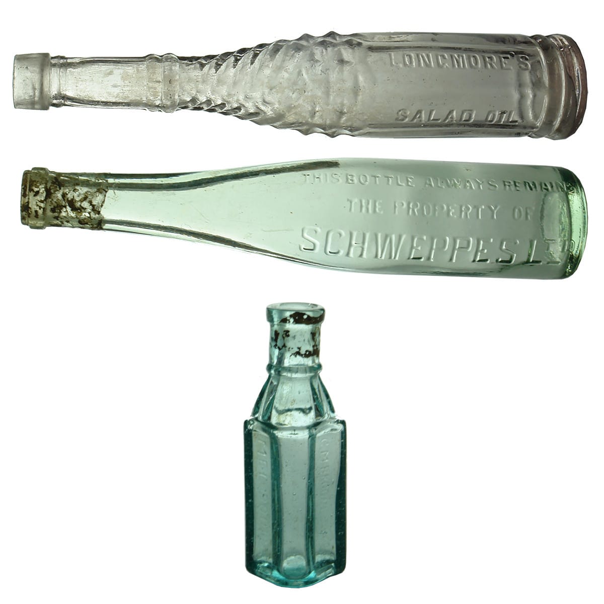 3 Household Bottles: Longmore's Salad Oil; Schweppes small hock shape; Sample Brooke's Cordial.