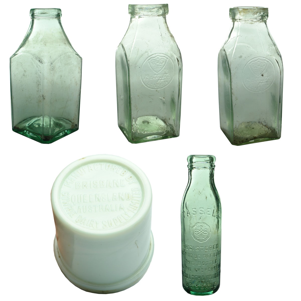 5 Household bottles: Extra large plain Square; 2 x Batty & Co., London, Crown; Gowrie Cheese Jar with Lid; Tassell Brisbane Chutney.