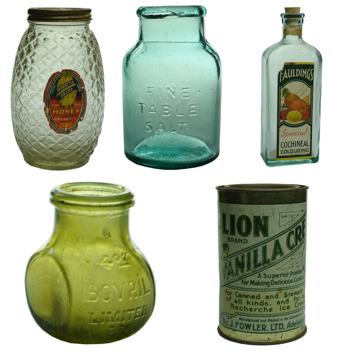 5 Household items, 4 bottles and a tin: Foggitt Jones Jar; FBH Salt Jar; Faulding's Cochineal; Bovril; Lion Brand Vanilla Cream tin.