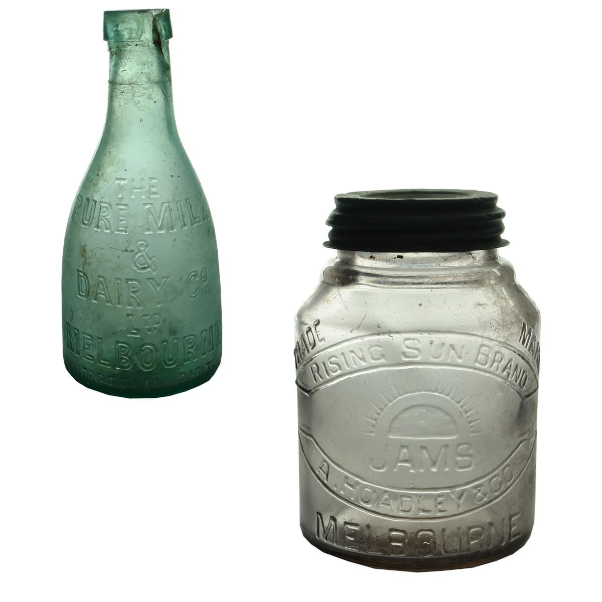 2 Household Bottles: Lightning stopper Pure Milk & Dairy Co., Melbourne & A. Hoadley & Co jam jar. (Victoria)