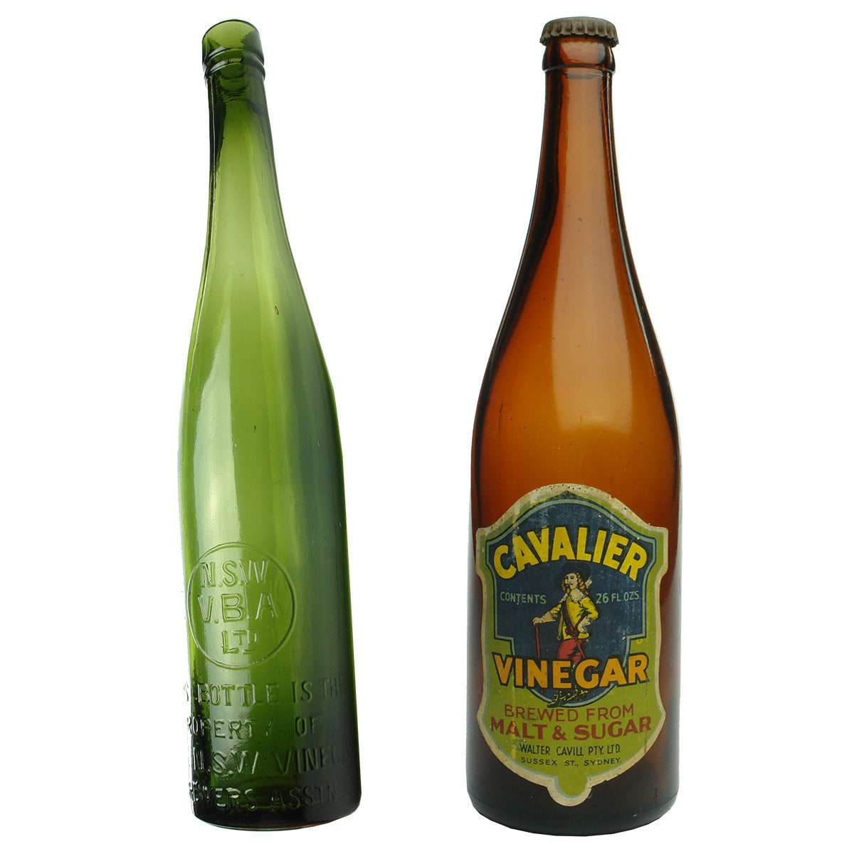 2 Vinegars. N. S. W Vinegar Brewers Association Ltd and labelled Cavalier Vinegar, Walter Cavill Sydney. (New South Wales)