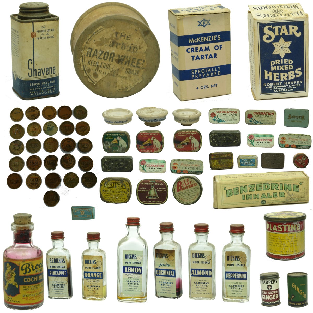 Large group of Household and Medicine Cabinet items. Includes 26 Geelong Milk bottle wads and plenty of interesting tins and packaging.