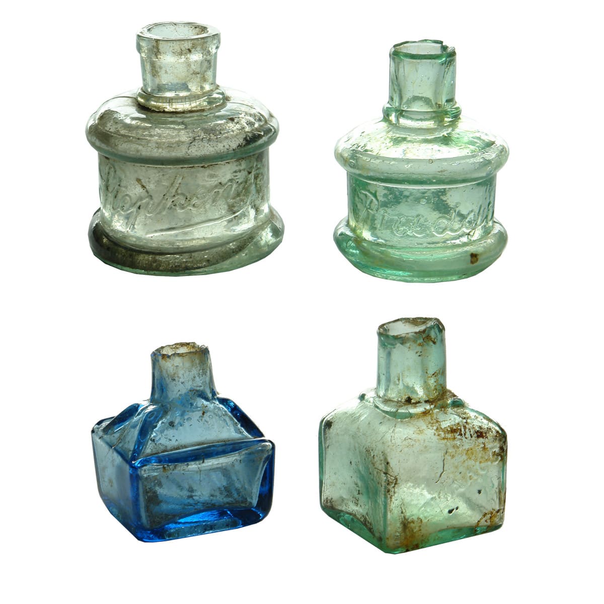 Four small Inks: Stephens; Pridge; Simpson's (Blue square boat shape); S. E. Isaacs, Exchange Ink.
