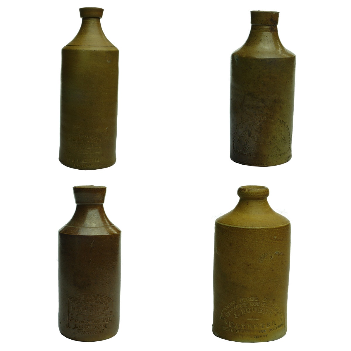 Four stoneware inks/bottles. All variations and combinations of J. Bourne, Patentee and P. & J. Arnold, London stamps.