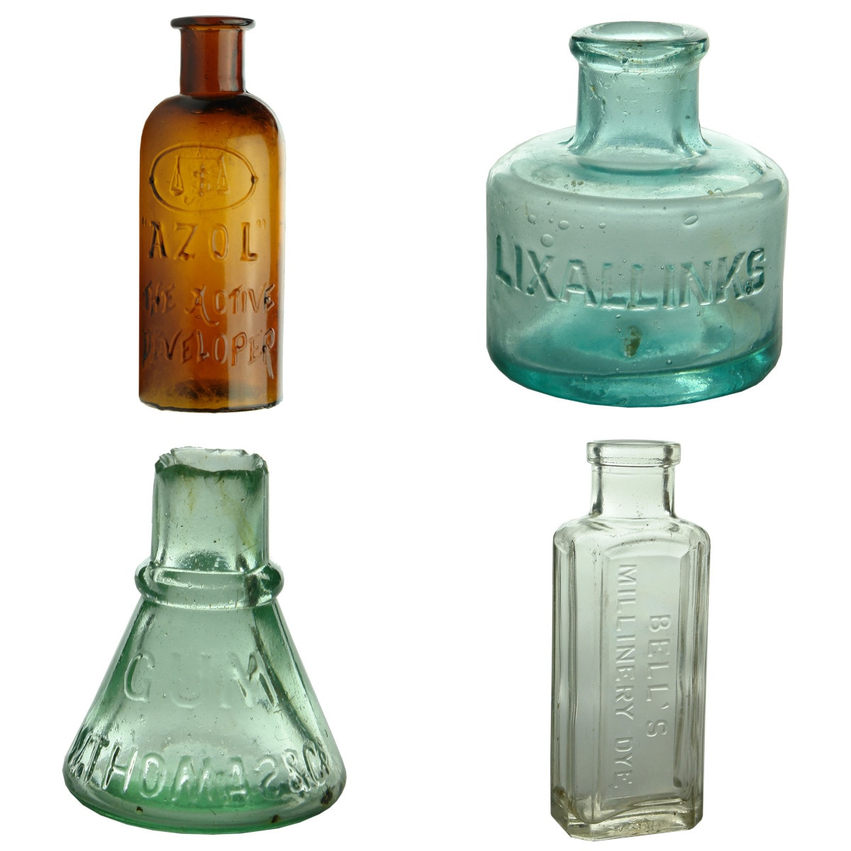 4 Bottles: Azol Photo Developer; Lixall Inks; W. Thomas & Co Gum.;  Bell's Hat Dye.