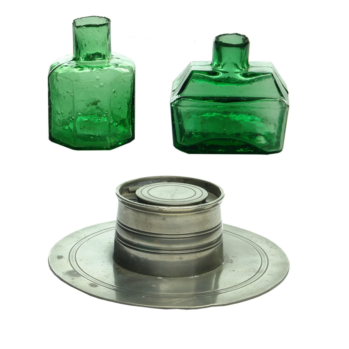 3 Inks: Pewter Ship Inkwell, blue glass insert; Bright green octagonal & boat ink.
