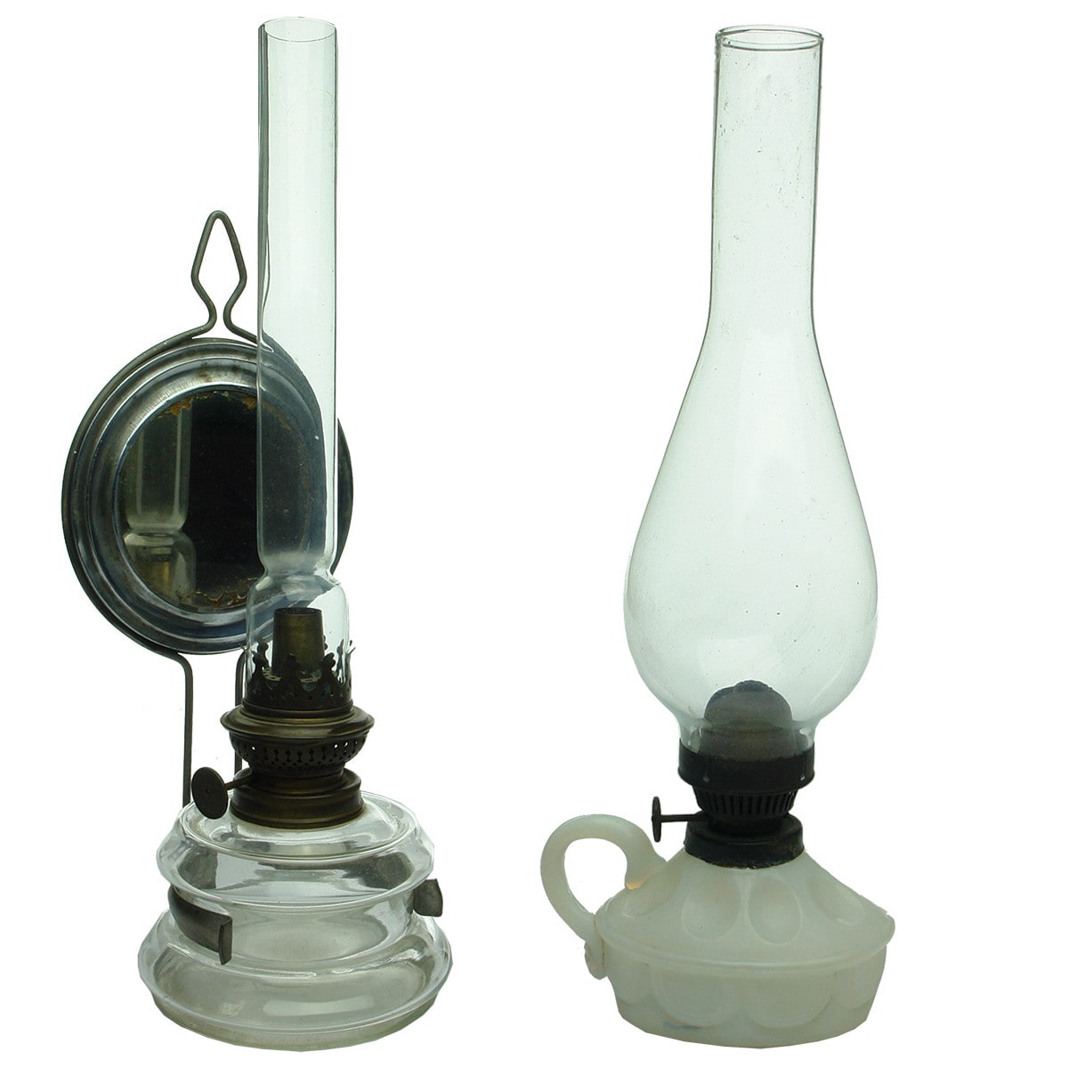 Two Lamps. Kosmos Brenner Kerosene Hanging Lamp with Reflector and Milk glass handled kerosene lamp.