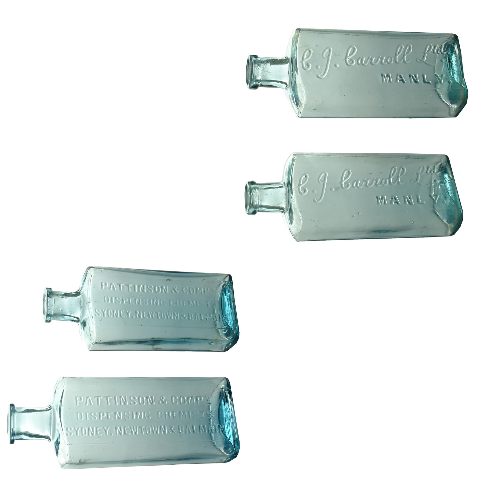 4 Chemist Bottles. Pattinson & Company, Sydney, Newtown & Balmain. 6 & 3 oz. 152 & 130 mm. C. J. Carroll, Manly both 3 oz 129 mm. (New South Wales)