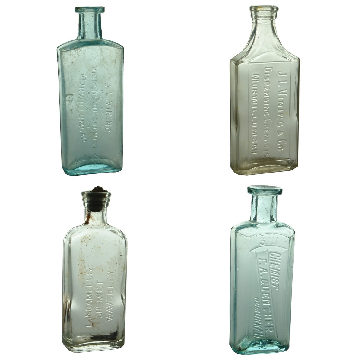 4 Chemist bottles: 2 x J. L. Vining Murwillumbah; Ingamells, Waverley; Guenther, Numurkah. (New South Wales & Victoria)