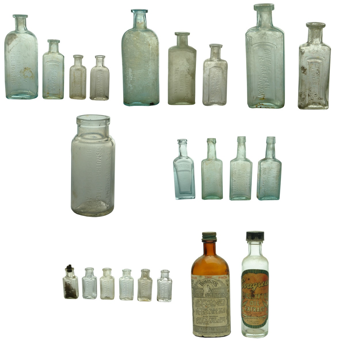 22 Chemist & Medical type bottles: 9 x Melbourne Chemists; Cartwrights Magnesia; 4 x Hall's Cure bottles; 6 x Hearne's Frootoids; 2 labelled Eucalyptus.