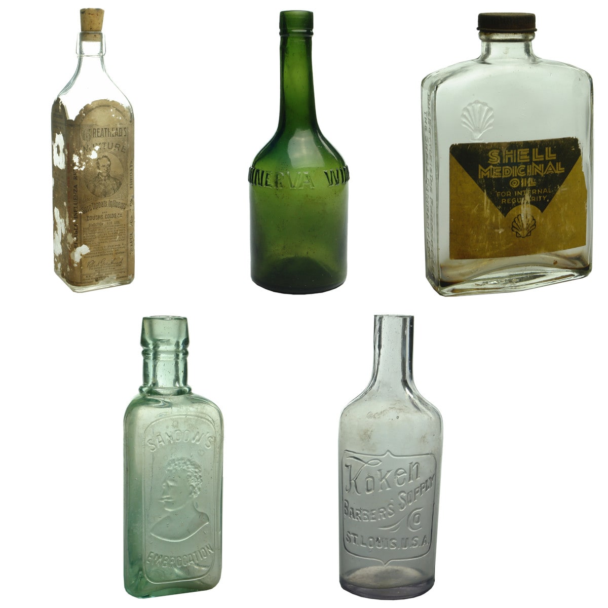 5 Bottles: Greathead's Mixture; Minerva Wine; Shell Medicinal Oil; Sandow's Embrocation; Koken Barbers Supply.