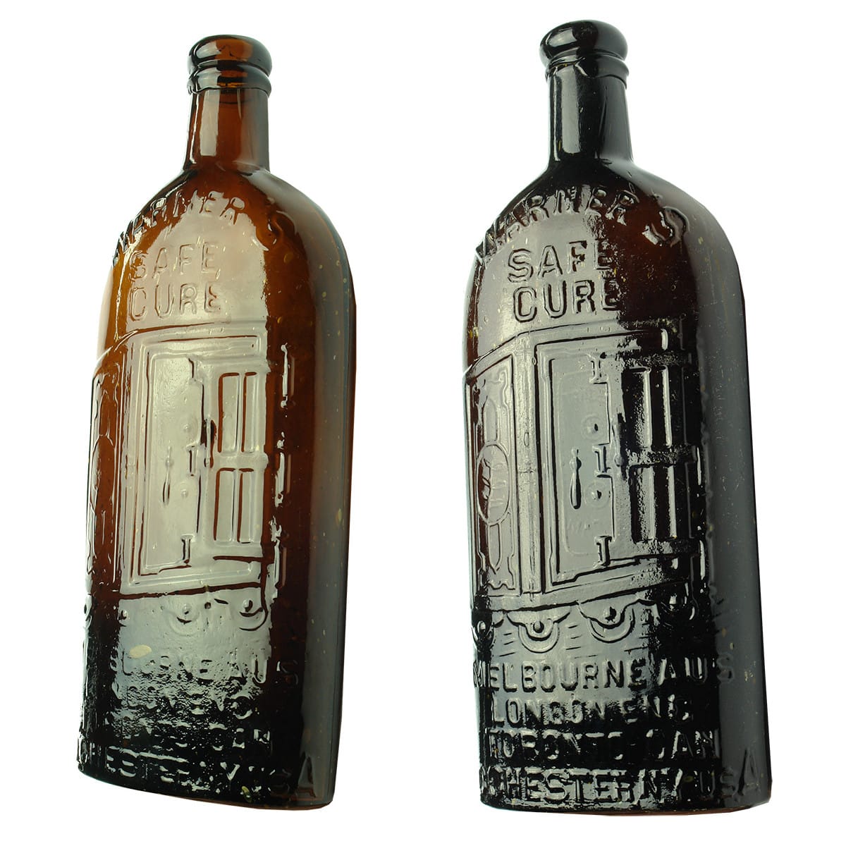 Pair of Four Cities Warner's Safe Cures. Early Amber types.