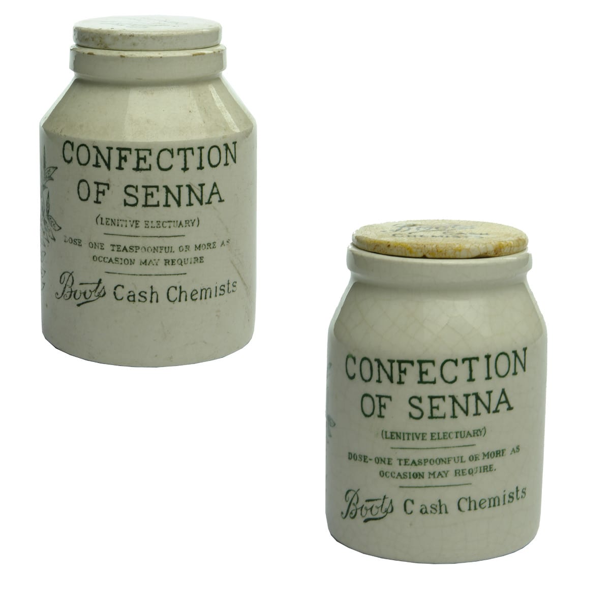 Pair of Boots Confection of Senna Jars. Both with Boots Cash Chemists lids.