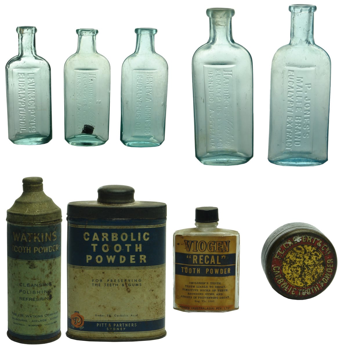 9 Items: Five Eucalyptus Bottles: 2 x Hardinge's Mallee; Levin & Co Pty Ltd; P. Jones Mallee Brand; Henry A. Johns.  4 Tooth Powder Tins & Bottles: Watkins; Pitt & Partners, Sydney; Viogen, Recal. Calvert & Co's.