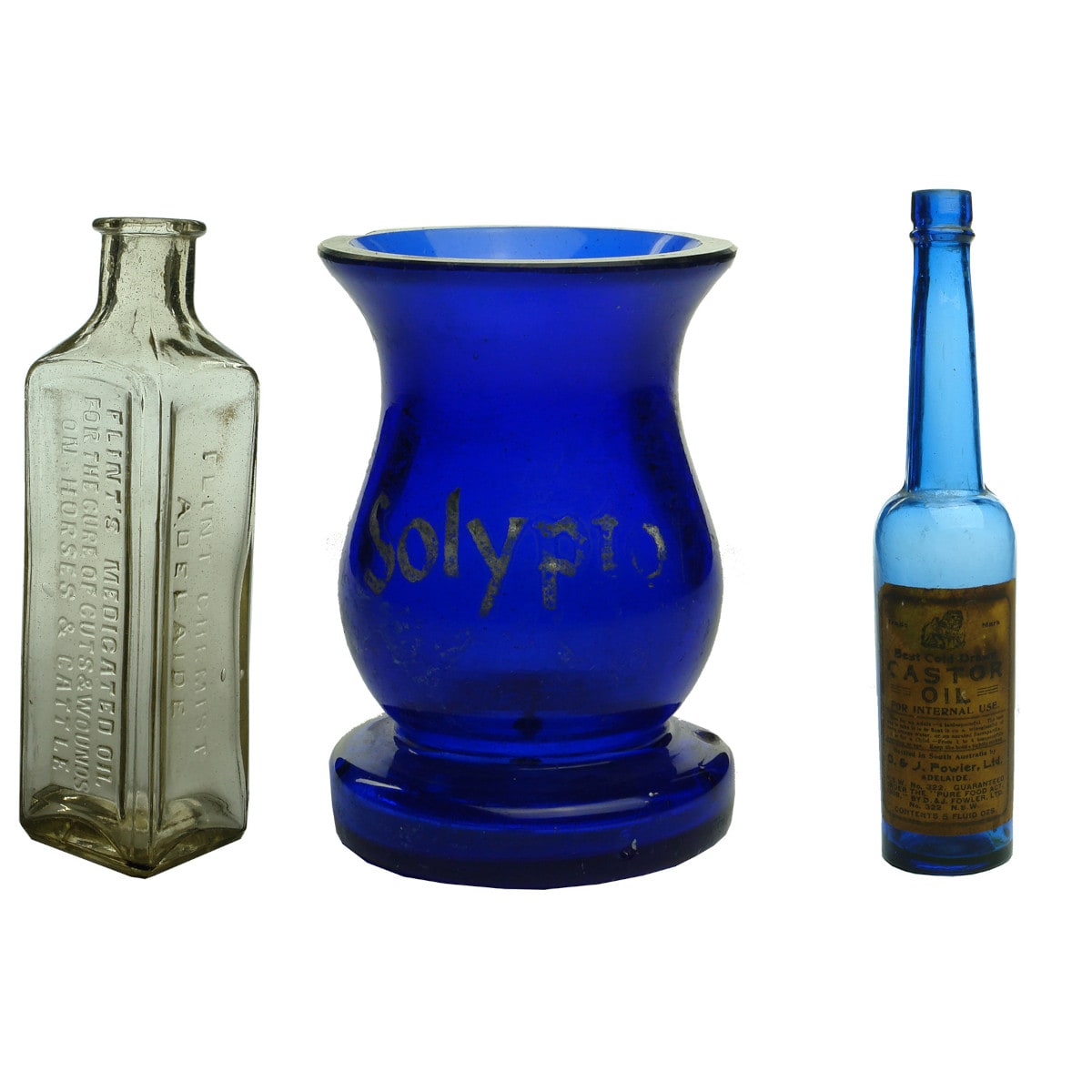 3 Medical type bottles: Flint's Medicated Oil; Solyptol jar with enamelled print; D. & J. Fowler labelled Castor Oil. (South Australia)