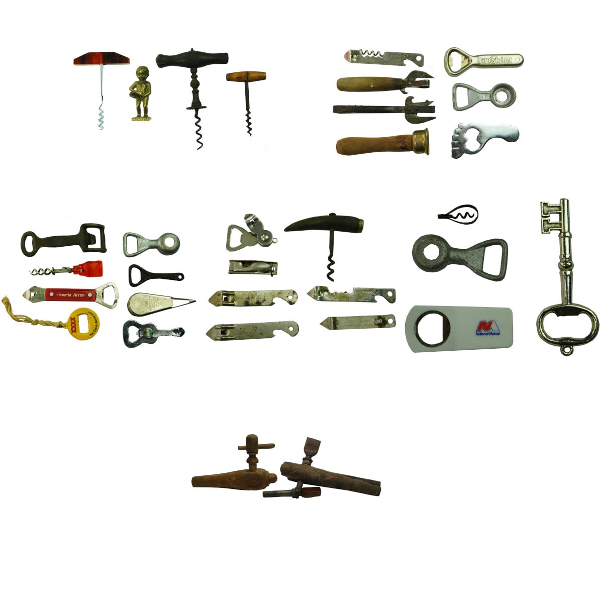 33 Items: 30 Bottle Openers, Cork Screws, resealers and more; 3 wooden barrel taps and a spare handle.