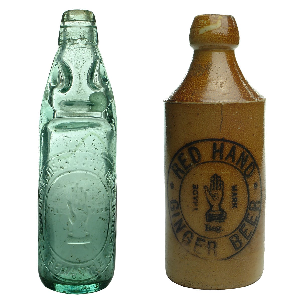 Pair of Red Hand Bottles: Donaldson & Collins Codd; Red Hand Ginger Beer. (Western Australia)