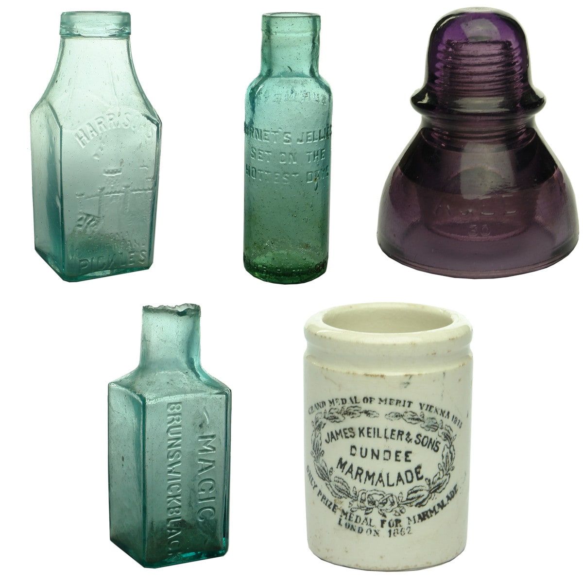 Five Household and other items: Harrisons Pickle; Burnet's Jar; AGEE Insulator; Magic Brunswick Black; Sample Keillers Marmalade.