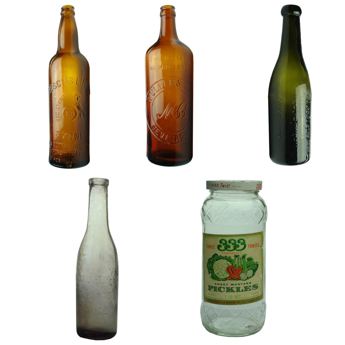 Five Bottles: Resch's Beer; Mullens, Newcastle crown seal; Vestergaard, Mackay blob top; Hoadley's Sauce; Three threes labelled pickle.