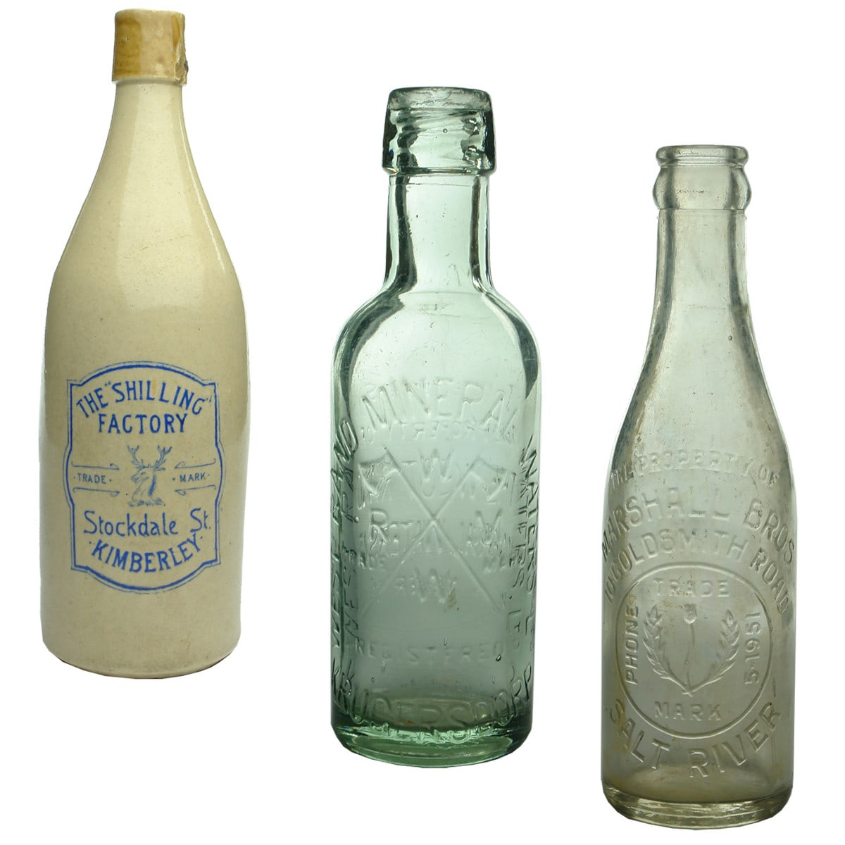 3 South African Bottles: The Shilling, Kimberley Ginger Beer; West Rand Mineral Waters Internal Thread; Marshall Bros, Salt River crown seal. (South Africa)