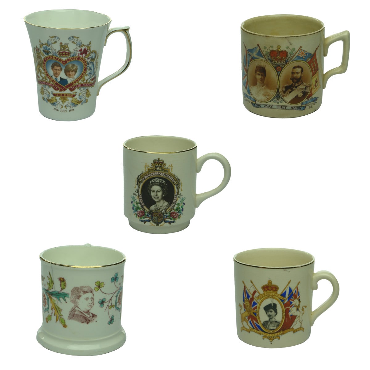 5 Pieces of Coronation Ware. Prince Charles and Lady Diana Spencer Wedding; King George V; Queen Elizabeth Jubilee; Queen Victoria Jubilee & Queen Elizabeth Coronation.