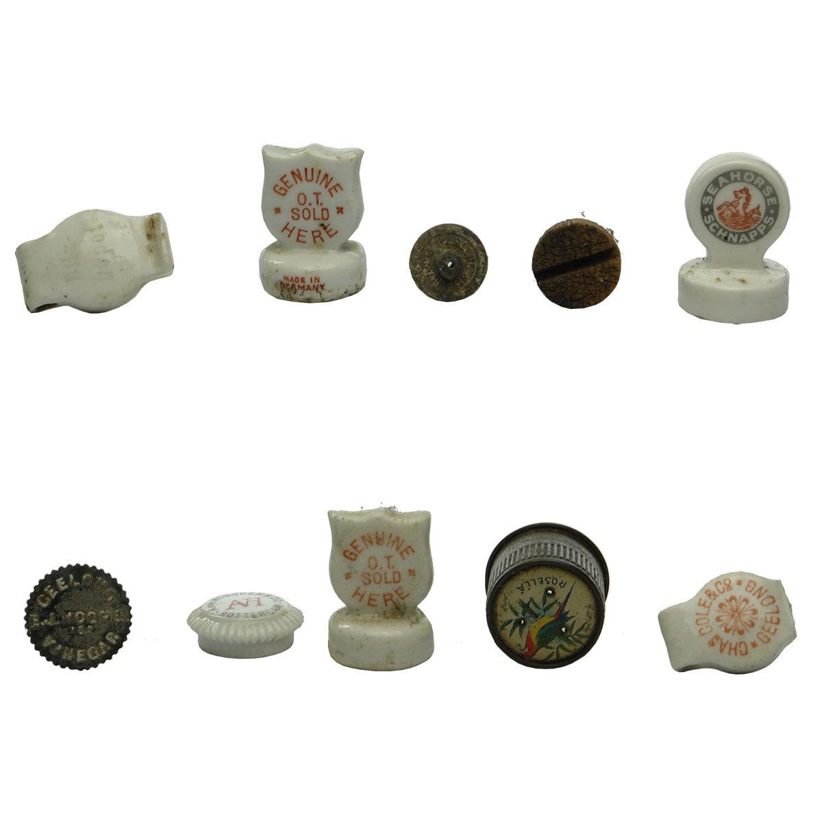 Group of Ceramic caps, stoppers and more: OT; Seahorse Schnapps; Hooper Geelong Vinegar; Bilz; Chas Cole; Rosella; Hoboken; Harlene.