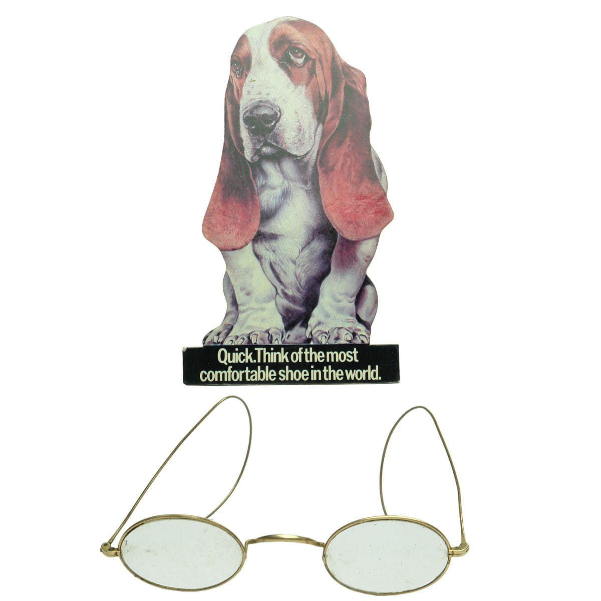 2 Items: Advertising Display stand. Basset Hound. Hush Puppies. and a Pair of Gold wire rimmed glasses in leather case.