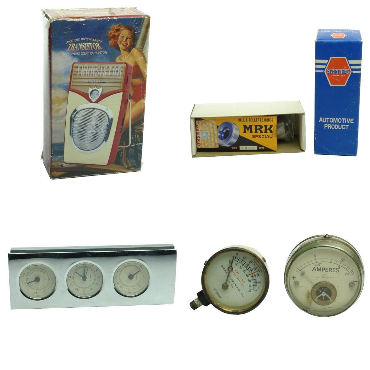 Five things! An old fashioned but modern Transistor; Schneider Automotive Product and box of Bearings; Clock, Thermometer & Humidity; Two Guages.