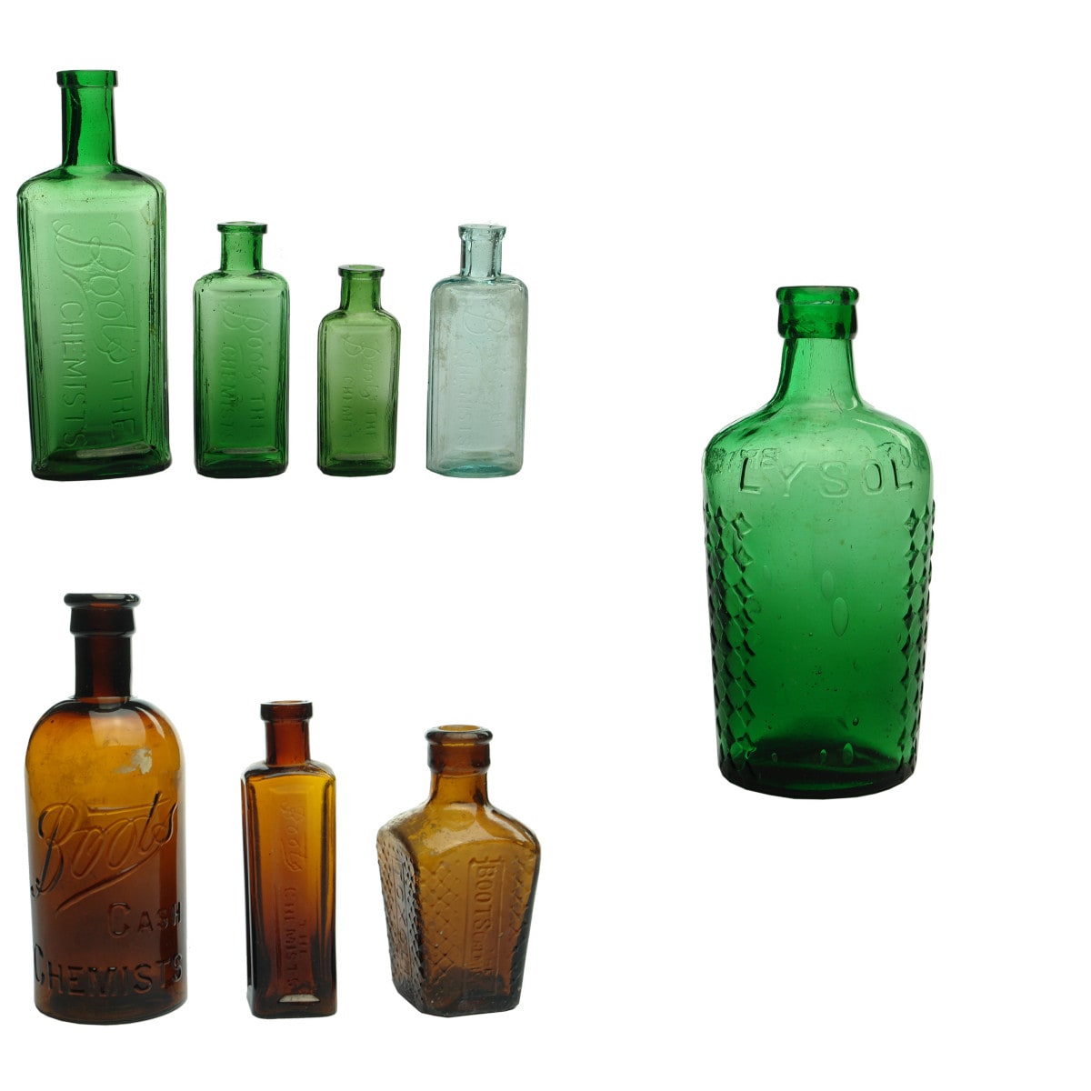 8 Poisons: Boots the Chemists. Green in 3 sizes and one Aqua. Large Green Lysol and 3 x Amber.