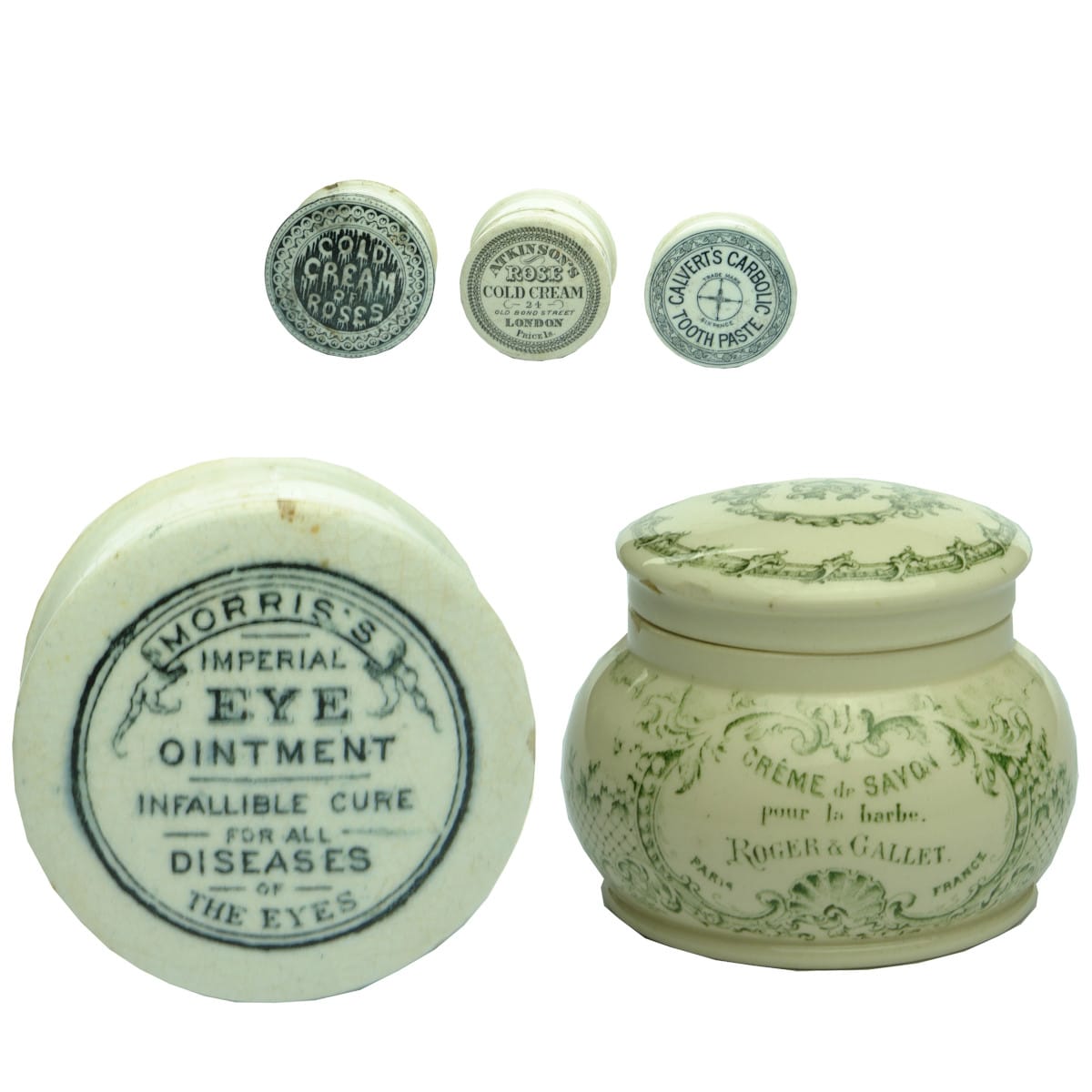 5 Pot Lids. Cold Cream of Roses; Atkinson's Rose Cold Cream; Calvert's Carbolic Tooth Paste; Morris's Eye Ointment; Roger & Gallet Pot.