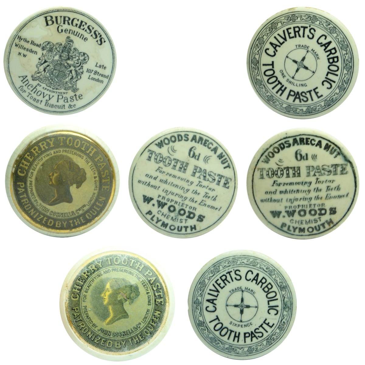 7 Pot Lids. Burgess's Anchovy Paste; Calvert's Carbolic, Shilling; Coloured Gosnell Queen's Head;  2 x Woods Areca Nut, 6d, Plymouth; Coloured John Gosnell, London Queen's Head; Calvert's Carbolic Tooth Paste, Sixpence.