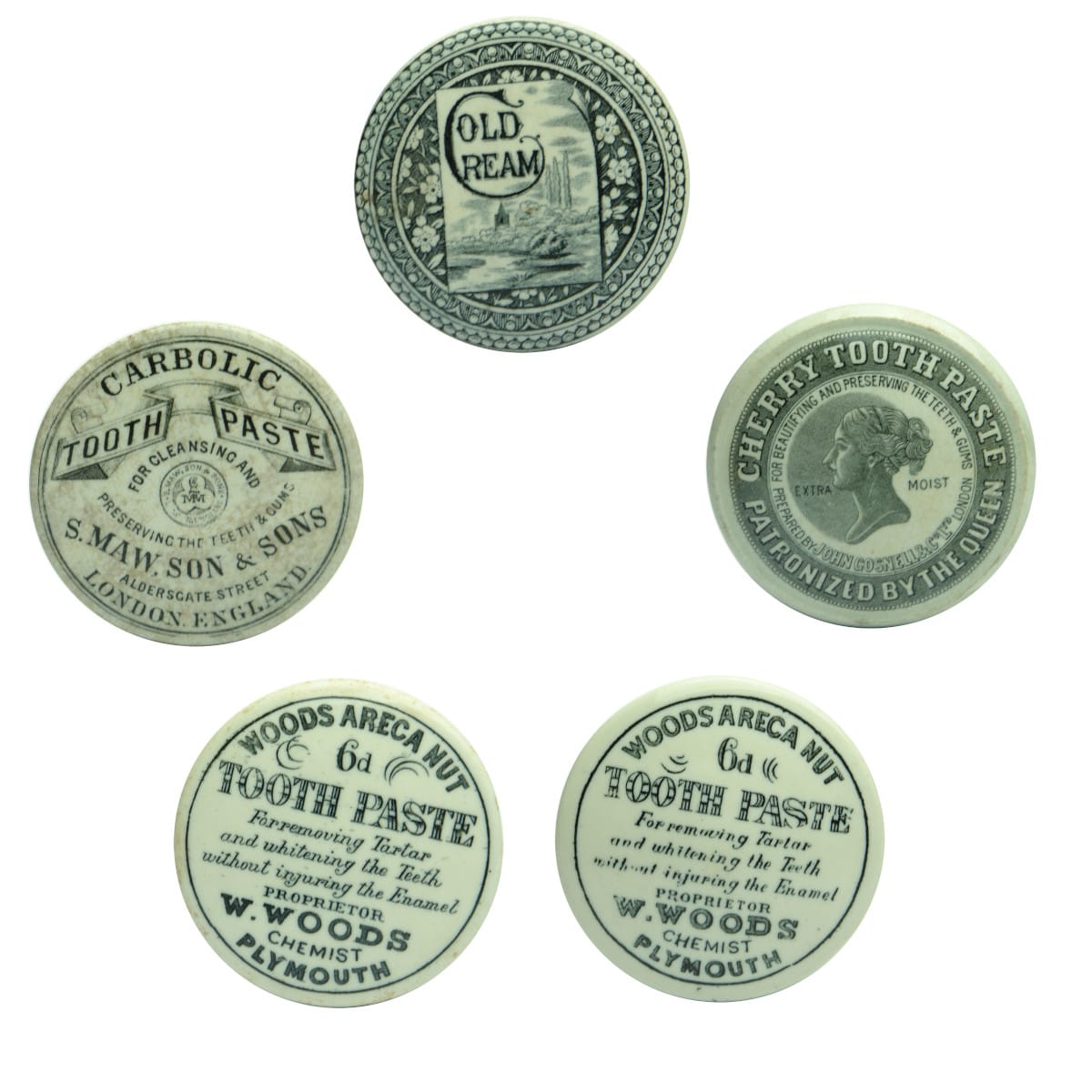 5 Pot Lids. Cold Cream with Rural Scene; Black & White John Gosnell Queen's Head; Woods Areca Nut, 6d, Plymouth; Woods Areca Nut, 6d, Plymouth; S. Maw, Son & Sons Carbolic Tooth Paste, London.