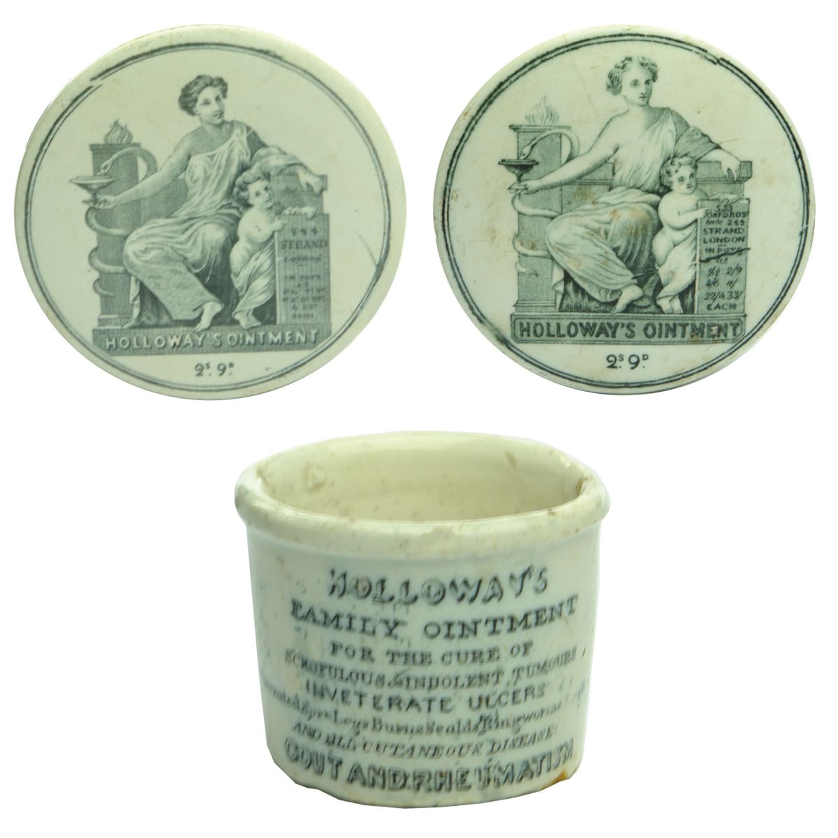 3 Holloways Items: 244 Strand Pot Lid; 533 Oxford St Pot Lid; Family Ointment Pot.