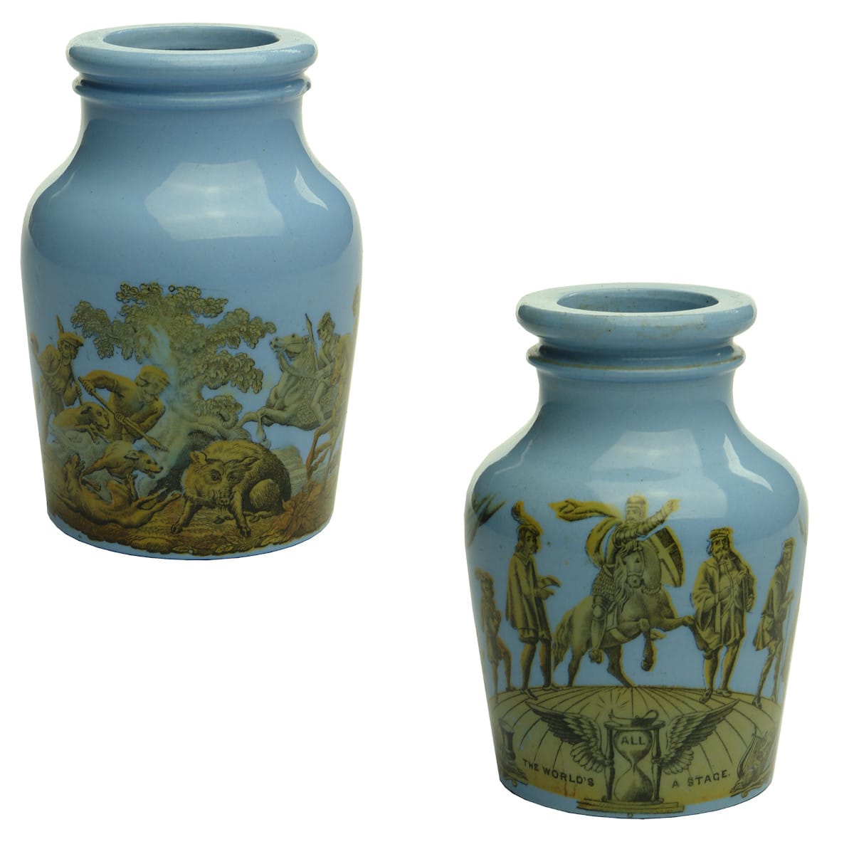 2 Blue Prattware type Jars: Boar Hunt and Shakespeare. Shakspeare. All the World's a Stage.